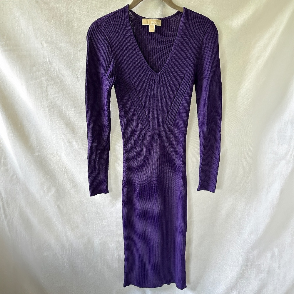 Michael Kors Long Sleeve Ribbed Sweater Dress - Purple